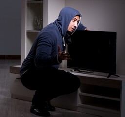 Wall Mural - Burglar thief stealing tv from apartment house