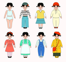 Cute Dress Paper Doll. Vector Body Template, Outfit And Accessories. Beautiful Toddler Girl In Underwear With Set Of Clothes. 7 Looks. Paper Doll For Dress Up Game. Isolated Vector Illustration.