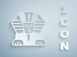 Poster - Paper cut Sphinx - mythical creature of ancient Egypt icon isolated on grey background. Paper art style. Vector