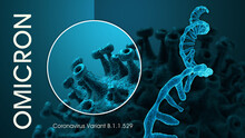 SARS-CoV-2 Coronavirus Variant Omicron B.1.1.529. Microscopic View Of A Infectious Virus Cell. 3D Rendering