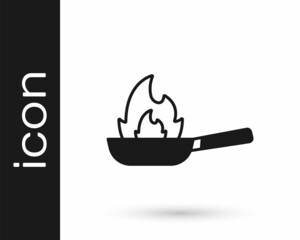 Sticker - Black Pan with fire icon isolated on white background. Vector