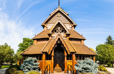 Stave church of Norwegian design found in Minot, North Dakota with architecture similar to structures found in Norway