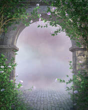 Romantic Stone Archway And Pink Flowering Hibiscus Bushes. Dreamy Fantasy Background Of Soft Mist And Clouds Floating Over Weathered Paving Stones.