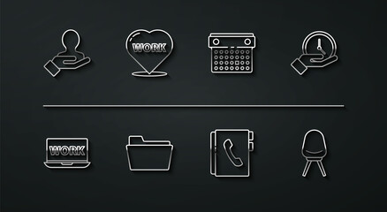 Poster - Set line Hand for search a people, Laptop with text work, Clock, Address book, Document folder, Heart, Office chair and Calendar icon. Vector