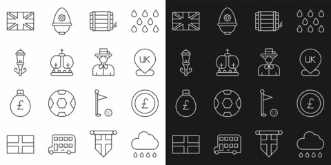 Canvas Print - Set line Cloud with rain, Coin money pound, Location England, Wooden barrel, British crown, Vintage street light, Flag of Great Britain and Queen Elizabeth icon. Vector