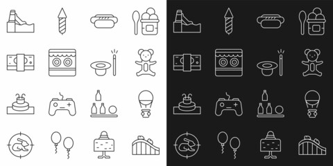 Sticker - Set line Roller coaster, Hot air balloon, Teddy bear plush toy, Hotdog, Shooting gallery, Stacks paper money cash, Water slide and Magic hat and wand icon. Vector