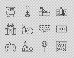 Wall Mural - Set line Gamepad, Amusement park map, Water slide, Bottles ball, Fast street food cart, Bowling pin and, Lollipop and Ticket icon. Vector