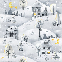 Snowy Winter Landscape With Forest, Snowdrifts And Houses. Seamless Pattern. Black White Monochrome Watercolor Illustration. Christmas Design, New Year
