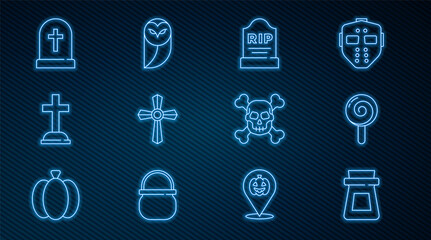 Wall Mural - Set line Bottle with potion, Lollipop, Tombstone RIP written, cross, Skull crossbones and Owl icon. Vector