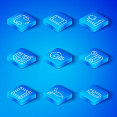Poster - Set line Laptop, Light bulb, Tie, Envelope, Table lamp, Document with graph chart, Headphones and USB flash drive icon. Vector