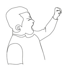 Hysterically Screaming Boy Drawn In Continuous Line On A White Background. Stock Illustration With An Outline Of A Protester Guy On A Street Protest. Vector Stock Image With Emotion Of Anger.