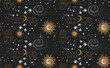 ©  Shamanska Kate - celestial seamless pattern with sun, moon, stars, galaxies, constellations, hand, comets