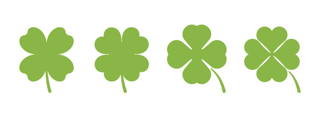 Green four leaf clover simple flat icon collection isolated on white background. Shamrock vector sign for app and website. Nature, luck, happy or saint patrick concept