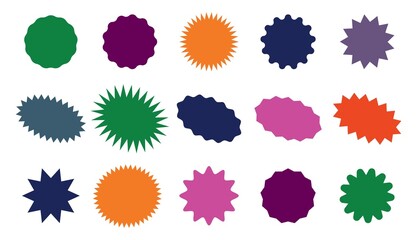starburst colorful tag. star burst badge vignette. vector simple pink red green blue round collectio