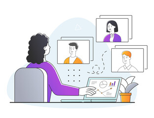 Poster - concept of digital presentation. girl communicates with other people via video chat. online conferen