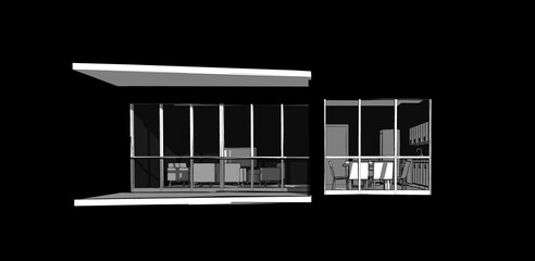 Poster -  3d illustration of a small house elevation with balcony and canopy. Living room and kitchen seen behind the windows.  Abstract facade view on black background.