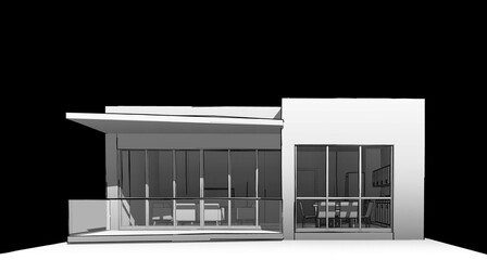 Poster - 3d illustration of a modern small house with balcony and canopy. Living room and kitchen seen behind the windows.  Facade view with shadows on black background.