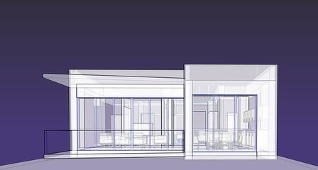 Poster - 3d illustration of a modern small house with balcony and canopy. Facade scene in blueprint style with semi-transparent walls. 