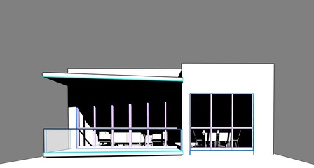 Poster - 3d illustration of a modern small house with balcony and canopy. Abstract home facade perspective from eye level with blue toned outlines on grey background. 