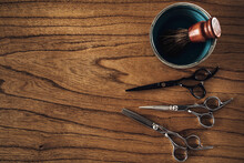 Tools Of Barber Shop On Wooden Background. Top View. Copy Space.