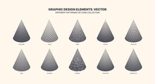 Assorted Various Patterned 3D Cone Vector With Different Geometric Textures Set Isolated On White Background. Modern Graphic Various Black White 3D Cones Variety Pattern. Collection Of Design Elements