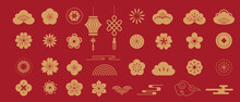 Chinese Traditional Ornaments, Set Of Lunar Year Decorations, Flowers, Lanterns, Clouds, Elements And Icons 