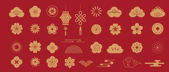 Chinese traditional ornaments, Set of Lunar year decorations, flowers, lanterns, clouds, elements and icons 