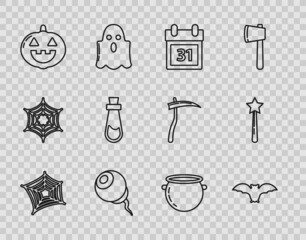 Poster - Set line Spider web, Flying bat, Calendar with Halloween date 31 october, Eye, Pumpkin, Bottle potion, witch cauldron and Magic wand icon. Vector