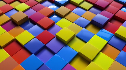 Poster - Geometric 3d render simple squares laid with lines on surface. Multicolored boxes in dynamic lighting with bright highlights. Digital wall creative presentation made of blocks