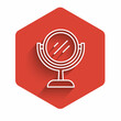 © Oksana - White line Hand mirror icon isolated with long shadow background. Red hexagon button. Vector