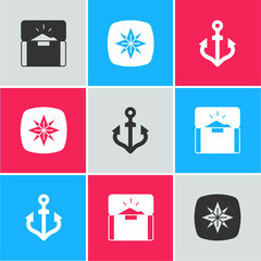 Canvas Print - Set Antique treasure chest, Wind rose and Anchor icon. Vector