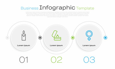 Sticker - Set line Burning candle, Wedding rings and Female gender symbol. Business infographic template. Vector