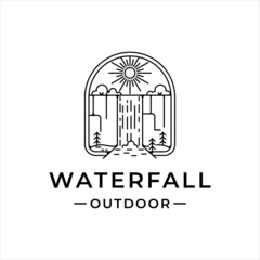 Wall Mural - waterfall outdoor logo line art vector illustration template icon graphic design. simple minimalist 