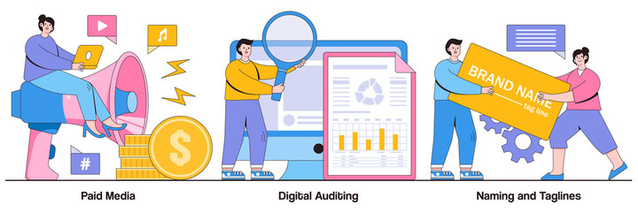 Poster - Paid media, digital auditing, naming and taglines concept with tiny people. Marketing platform, online documentation inspection, corporate identity development abstract vector illustration set