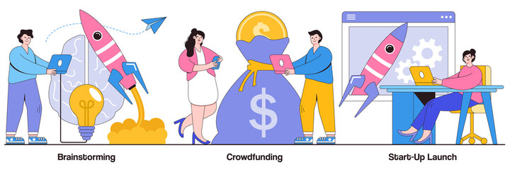 Poster - Brainstorming, crowdfunding, start-up launch concept with tiny people. Company personnel meeting abstract vector illustration set. Innovative business ideas implementation and teamwork metaphor