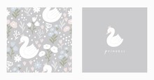 Cute Hand Drawn Swan And Flowers - Vector Print. Seamless Pattern With Cartoon Swan, Flowers, Leaf 