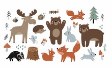 Cute Cartoon Forest Animals - Vector Set. Bear, Deer, Fox, Hare, Snail, Tree, Badger, Squirrel, Hedgehog - In Flat Style. Woodland