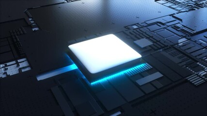 Poster - Digital circuit with 3d render boards and integrated microprocessor contacts. Computational semiconductors with collection and transmission of electronic information.
