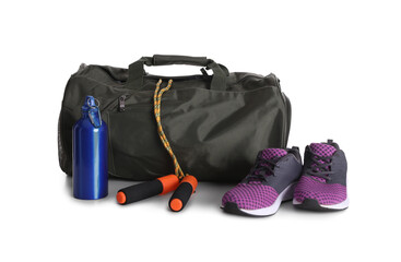 Poster - Sports bag and gym equipment on white background