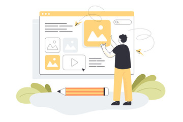 tiny creator publishing online digital content. male blogger or editor adding creative photo and vid