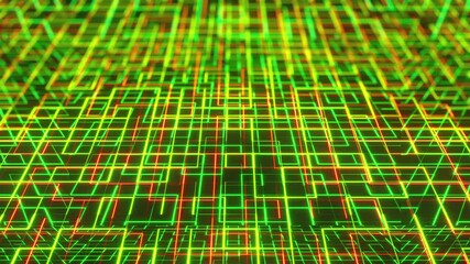 Poster - Geometric curved lines in 3d render of abstract web corridors. Futuristic electronic board with passing electric waves and endless power circuits. Cyber communication virtual corridors.