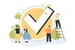 Tiny people standing near big checkmark. Team of male and female characters finishing work with to do list or good job sign flat vector illustration. Done job, checklist, time management concept
