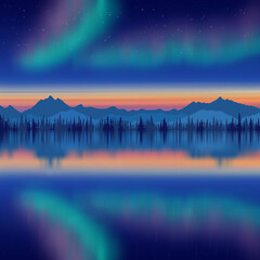Wall Mural - aurora borealis reflected in the sea, winter holiday illustration