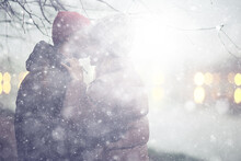 Couple In Love Winter Evening Hugging Outside, Seasonal Abstract Background, Weather Twilight Rain