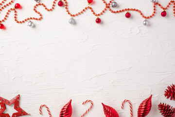 Poster - Christmas ball and tinsel and star decoration ornament on white concrete table background