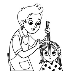 Wall Mural - Black and white illustration of little girl getting a haircut at the hairdresser's.