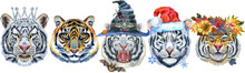 Tiger Border With Various Accessories . Wild Animal Watercolor Illustration On White Background