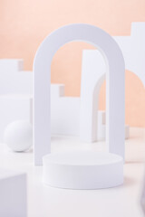 Aufkleber - Geometric pedestal block on white table and pastel peach background.mockup for display product