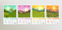 Coffee Star Brand Identity Set Of Logo And Sticker Or Label Design With Plantations And Fields Landscapes - Vector Template. Coffee Or Tea Rainforest And Mountain Valley With Sunrise