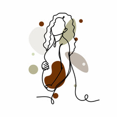 Wall Mural - Vector abstract continuous one single simple line drawing icon of   beautiful pregnant woman in silhouette sketch. Perfect for greeting cards